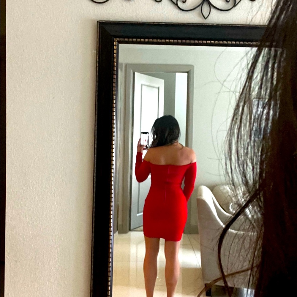 Vibrant red long sleeve off the shoulder cocktail dress! Antonio Melani